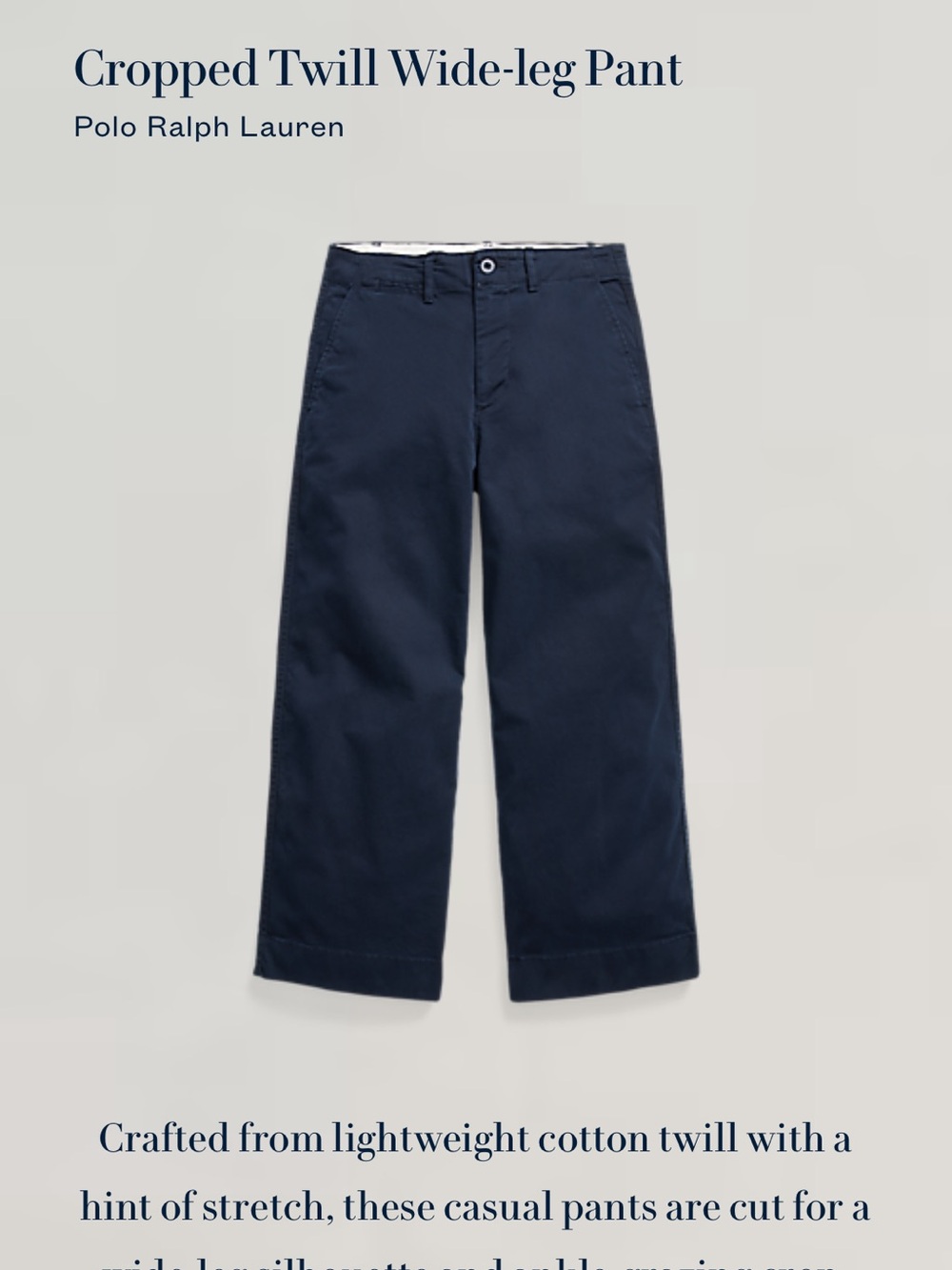 Polo by Ralph Lauren Cropped Twill Wide-Leg Pant — Navy
